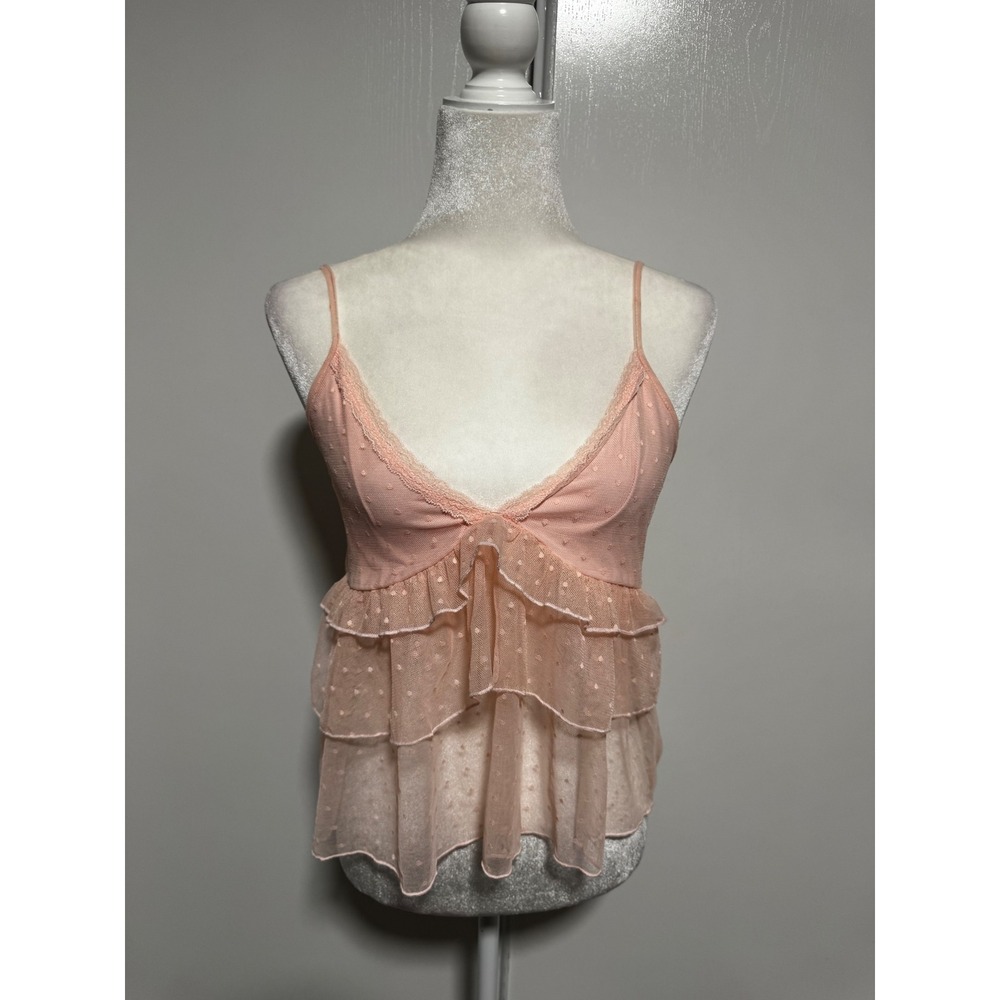Electric Behaviour Peach Pink Swiss Dot Mesh Ruffle Camisole Tank Top Large